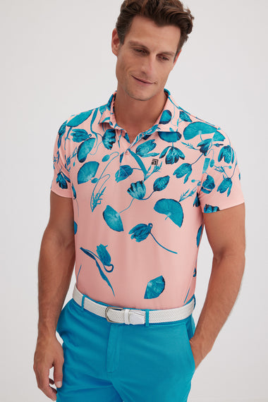 Botanica Golf Polo in Azura Blue on Coral Pink
